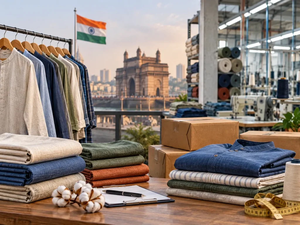 A clothing shop filled with stylish clothes, with a flag fluttering in the background.