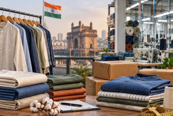 A clothing shop filled with stylish clothes, with a flag fluttering in the background.