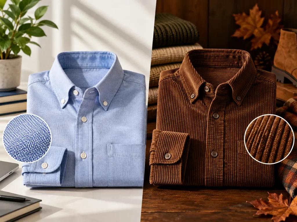 A comparison of an Oxford vs corduroy shirt next to a laptop on a desk.