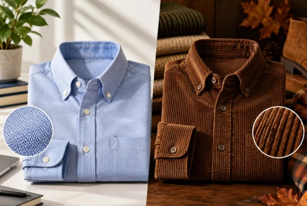 A comparison of an Oxford vs corduroy shirt next to a laptop on a desk.